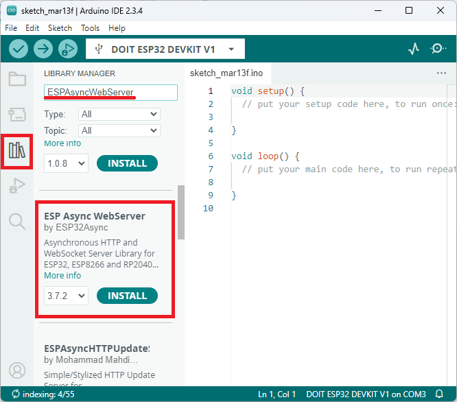 Installing ESPAsyncWebServer ESP32 Arduino IDE