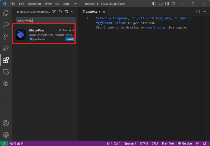 installing micropico extension VS Code