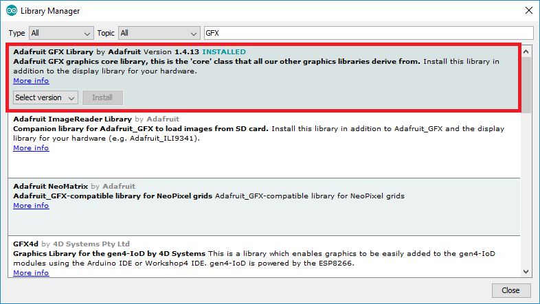 Installing GFX Library ESP8266 ESP32 Arduino