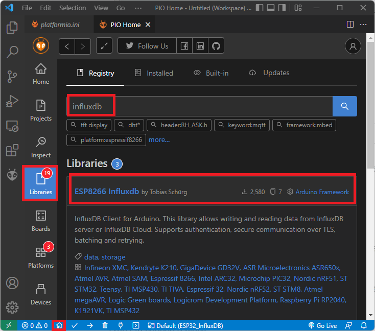Install InfluxDB library VS Code