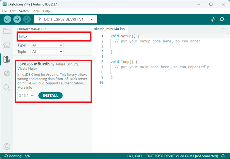 Install influxdb library arduino ide 2