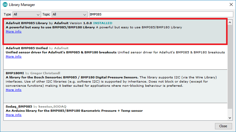 install BMP085 BMP180 library
