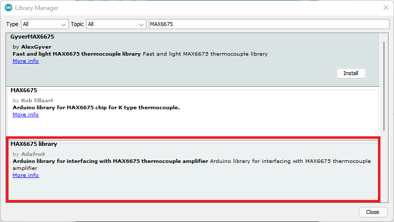 Installing MAX6675 Arduino Library