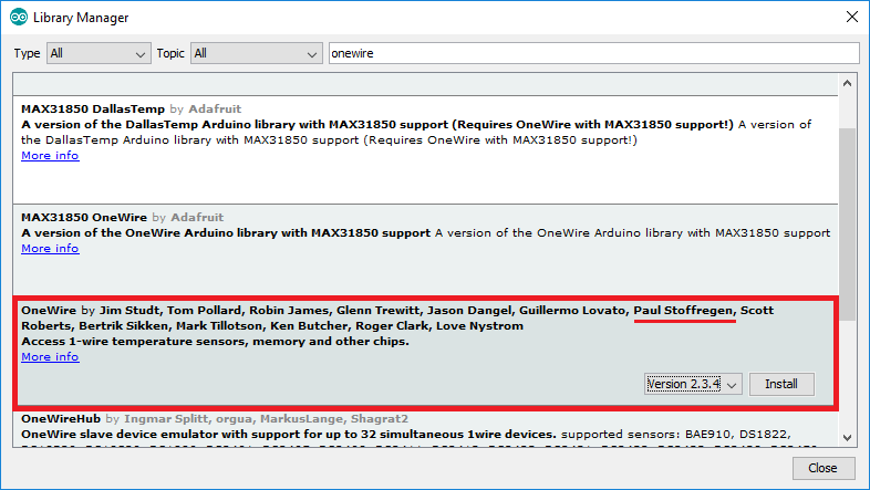 Installing OneWire library Arduino IDE