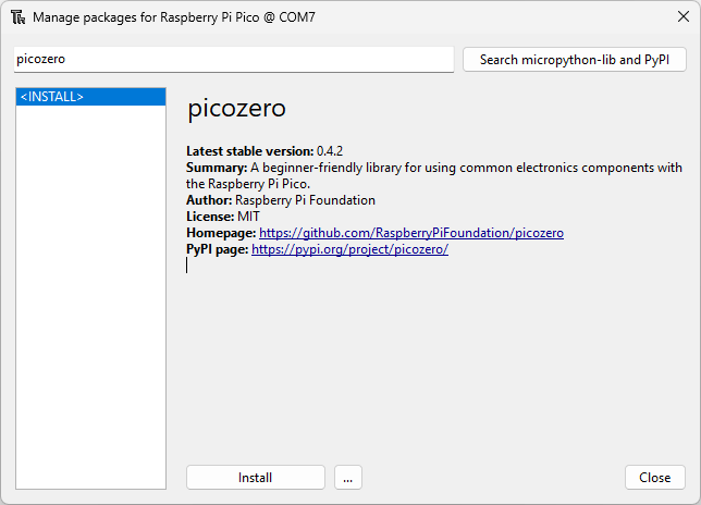 Raspberry Pi Pico installing the picozero package