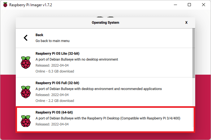 Raspberry Pi Imager Selecting Raspberry Pi OS 64-bit