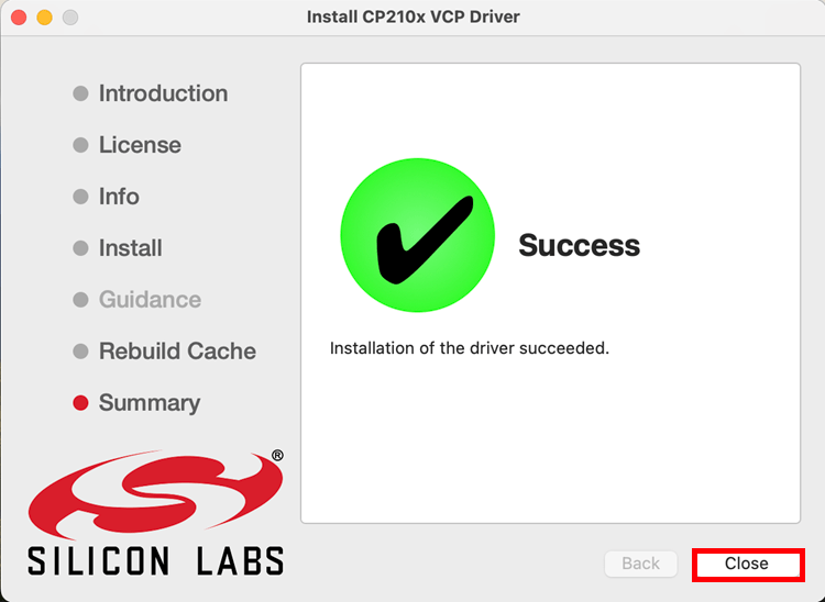 Installation success completed CP210x USB to UART Bridge Drivers on Mac OS X computer