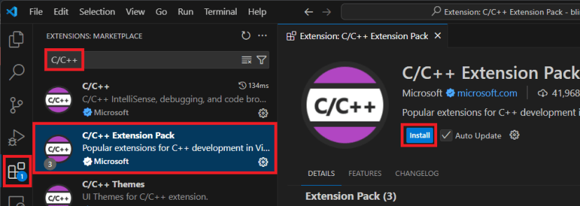 Installing C and C plus plus VS Code Extension Pack