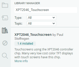 Installing XPT2046_Touchscreen Library by Paul Stoffregen Arduino IDE 2