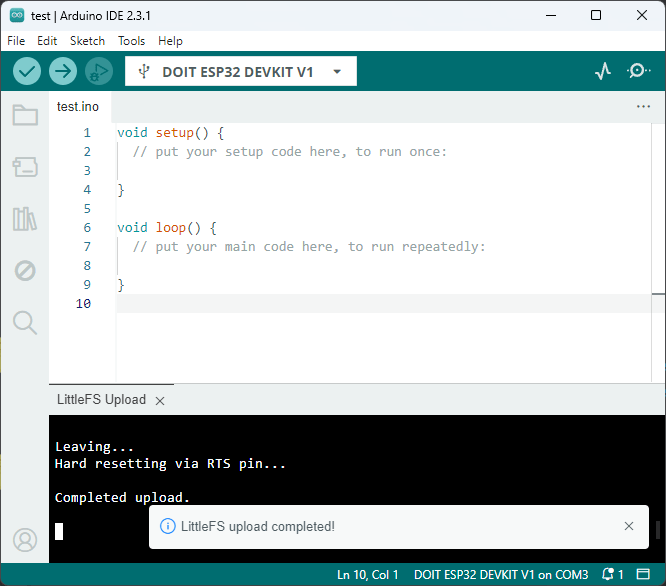 Arduino IDE 2: files uploaded successfully to the ESP32 filesystem