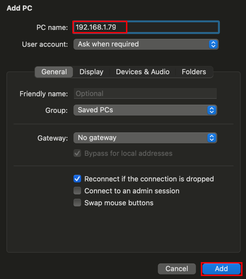 Microsoft Remote Desktop software type Raspberry Pi IP Address save