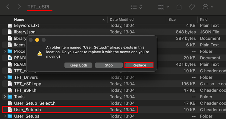 Move copy User_Setup.h file to TFT_eSPI library folder Arduino IDE 2 Mac OS
