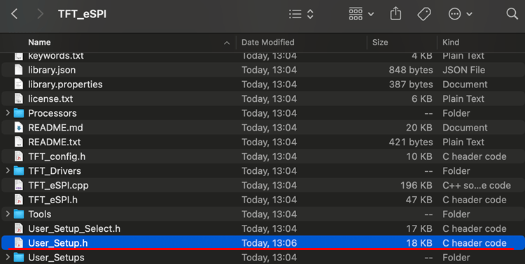Move User_Setup.h file to TFT_eSPI library folder Arduino IDE 2 Mac OS