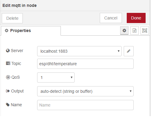 MQTT In Node ESP8266 Publish Temperature Humidity Node-RED Flow