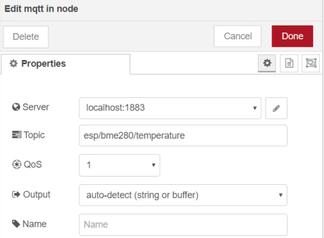 MQTT In Node ESP8266 Publish Temperature Node-RED Flow