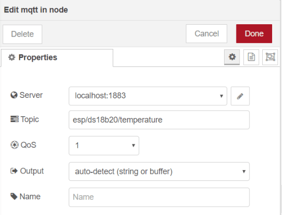 MQTT In Node ESP32 ESP8266 Publish Temperature Node-RED Flow
