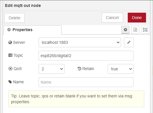 Node-RED MQTT Publish messages to ESP8266
