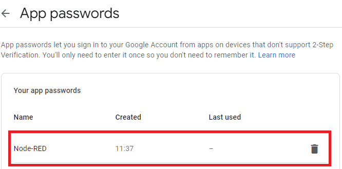Node-RED app password gmail