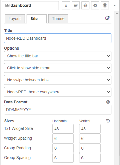 Node-RED dashboard site settings