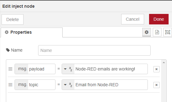 Node-RED send email inject node