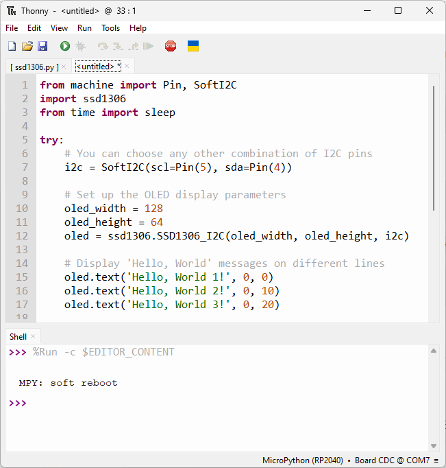 Raspberry Pi Pico OLED MicroPython code on Thonny IDE