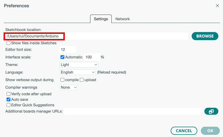 Open Sketchbook Location Arduino IDE 2 Browse Mac OS