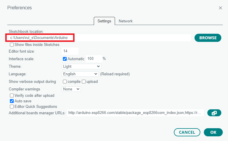Open Sketchbook Location Arduino IDE 2 Browse