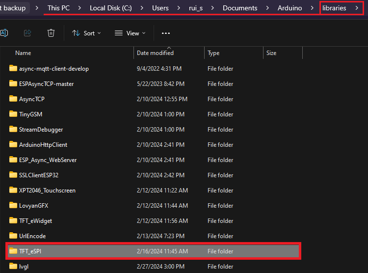 Open TFT_eSPI folder libraries Arduino IDE 2