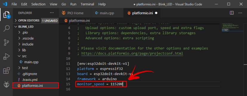 PlatformIO IDE extesion Change Serial Monitor Baud Rate 115200