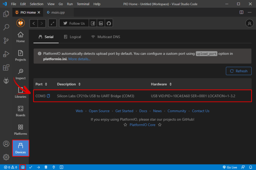 PlatformIO IDE extension VS Code Visual Studio Connected Devices COM Port Serial