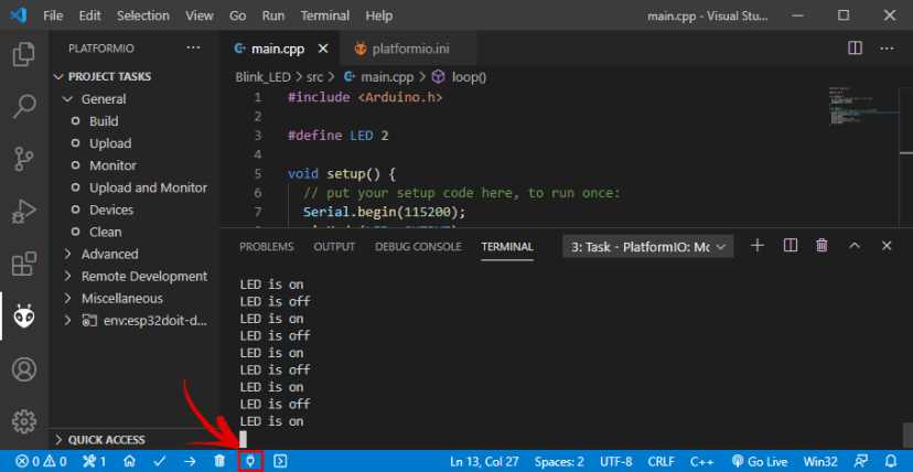 PlatformIO IDE VS Code Visual Studio Serial Monitor ESP32 board