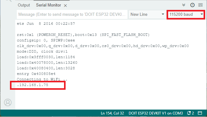 ESP32 DC Motor Web Server IP address printed on the Serial Monitor