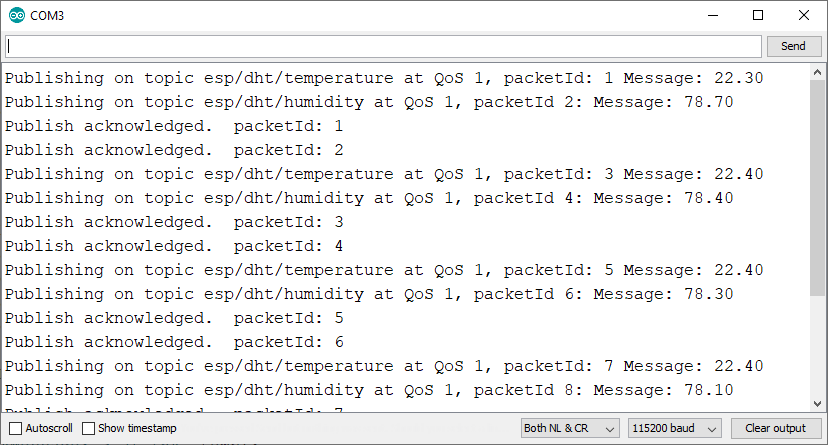 ESP8266 Publish MQTT DHT11 DHT22 Temperature Humidity Serial Monitor