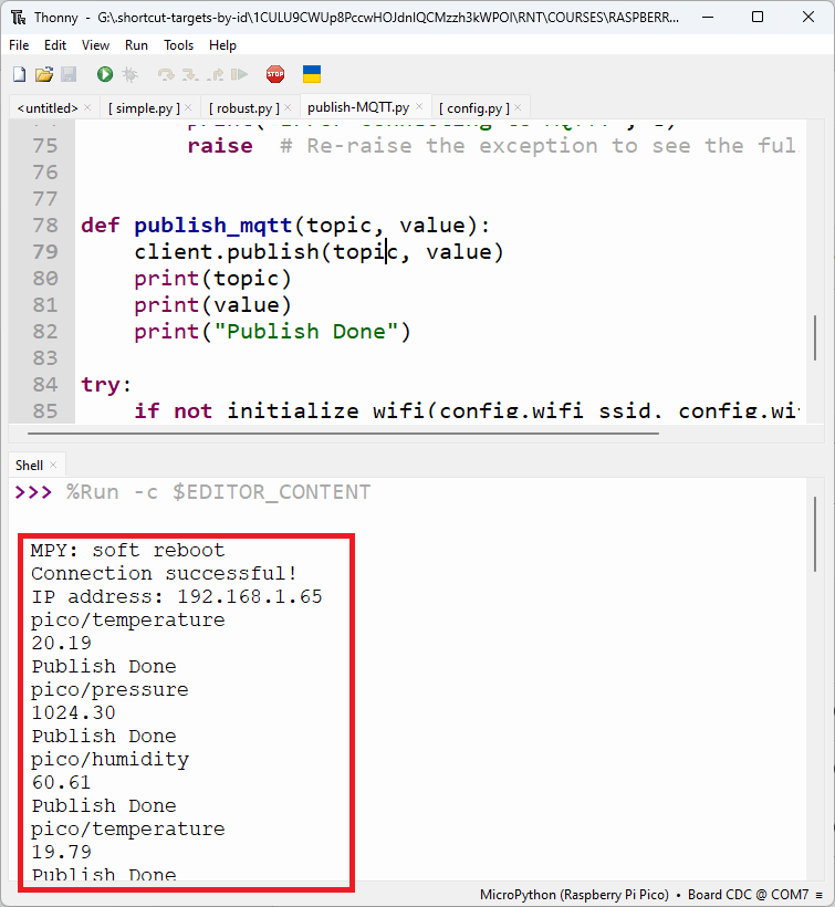 RPi Pico Thonny IDE Publish MQTT Messages