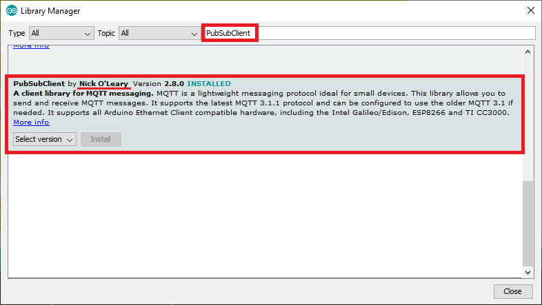 Installing PubSubClient library in Arduino IDE