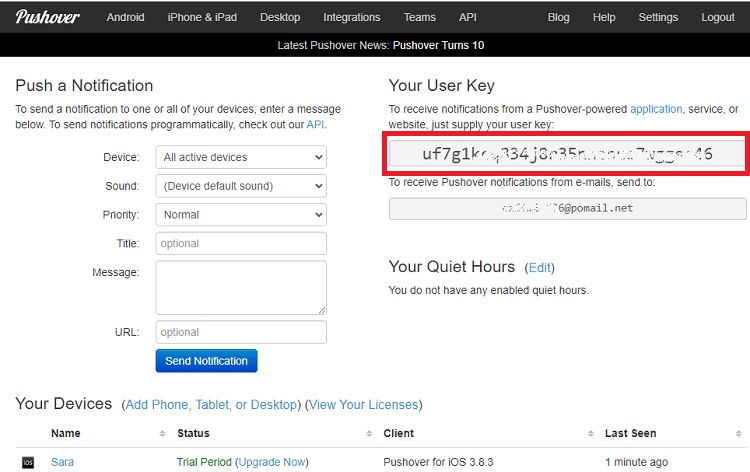 Pushover dashboard user key