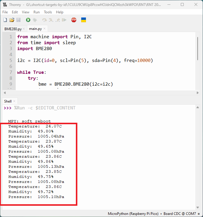 Raspberry Pi Pico print temperature, humidity and pressure from BME280