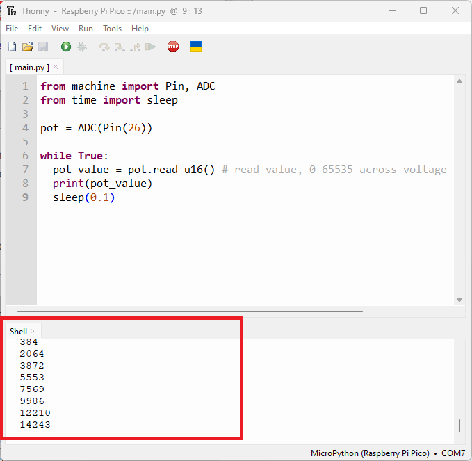Raspberry Pi Pico Read Analog Values Micropython shell