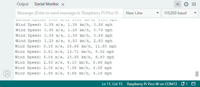 Testing Wind Sensor with Raspberry Pi Pico- Serial Monitor Demonstration