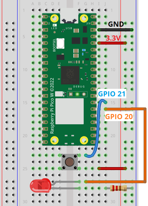 Raspberry Pi Pico Pushbutton LED Circuit Schematic Diagram