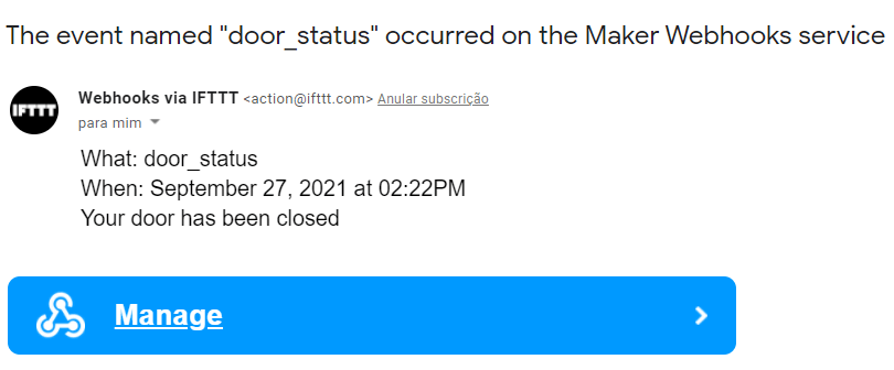 Door Status Received Email IFTTT ESP8266 NodeMCU