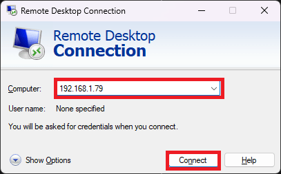Remote Desktop Connection software type Raspberry Pi IP Address