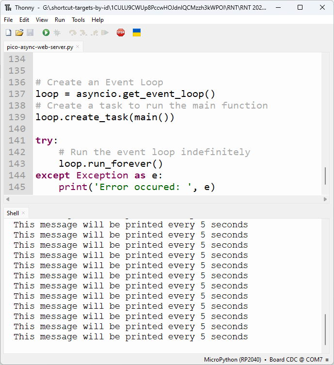 Testing Raspberry Pi Pico W Asynchronous Web Server script upload run