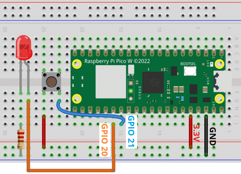 Raspberry Pi Pico Pushbutton LED Circuit