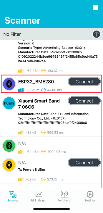 nRF Connect App Scanning Devices
