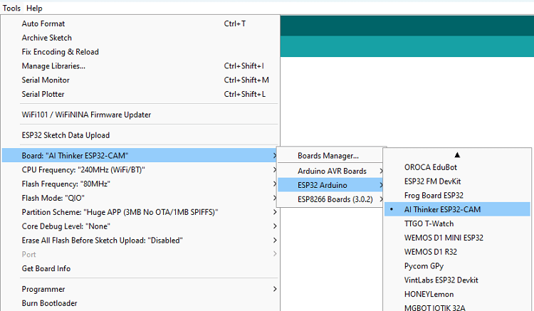 Selecting the ESP32-CAM Ai Thinker in the Arduino IDE