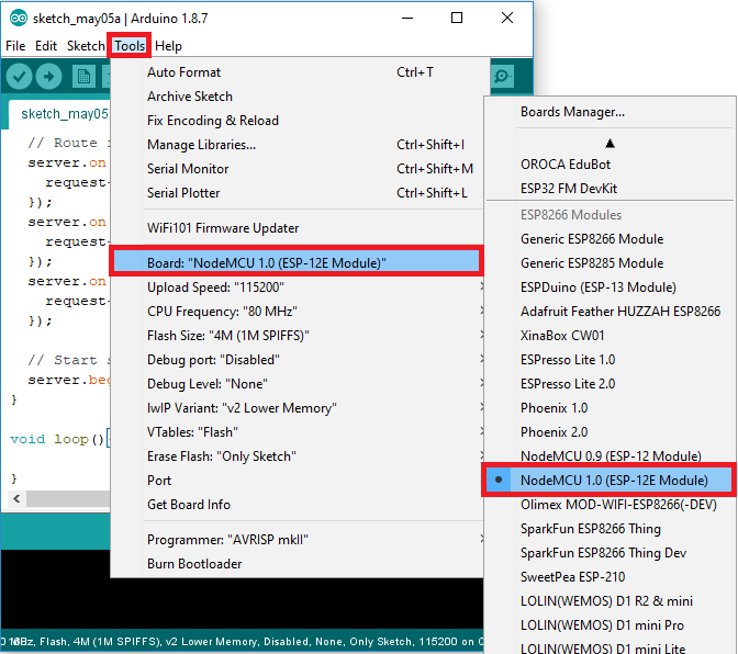 Upload code to ESP8266 NodeMCU board Select tools