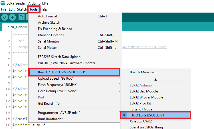 Select TTGO LoRa32 OLED V1 in Arduino IDE