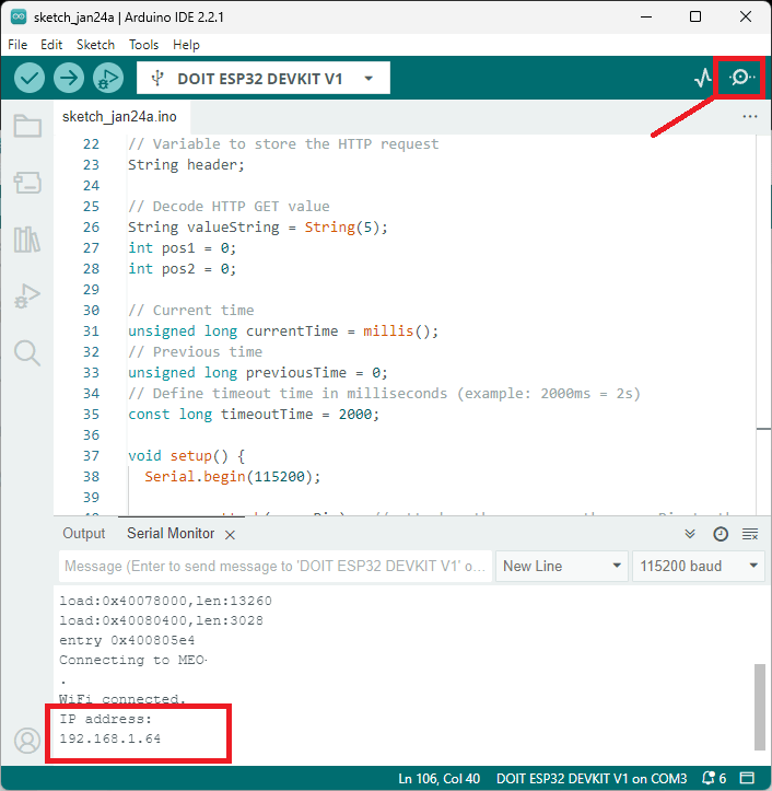 ESP32 Servo Web Server IP Address Serial Monitor