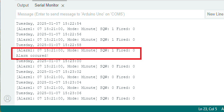 DS3231 with the Arduino Setting Alarms Demonstration Serial Monitor